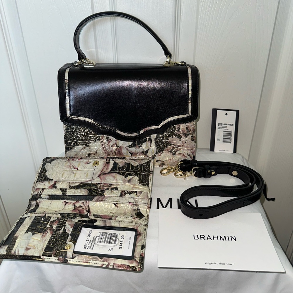 Brahmin Eden Garland Mini Francine Satchel & Ady Wallet Set Roses Gilded Leather - Picture 4 of 7